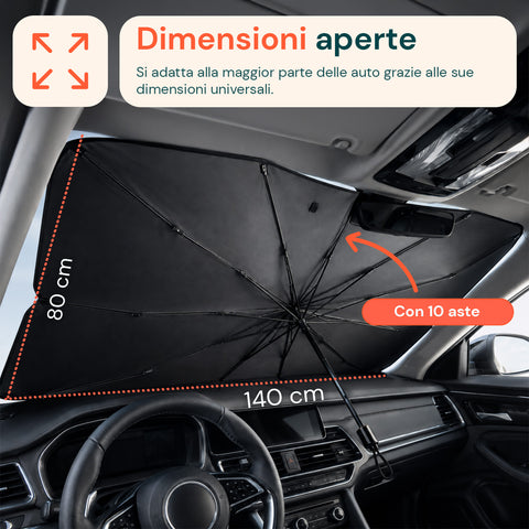 avilia home parasole per auto a ombrello protezione raggi uv universale dimensioni 140x80cm struttura a 10 aste in ferro e tessuto 170t pieghevole con custodia salvaspazio raffresca abitacolo ean 8052879014031