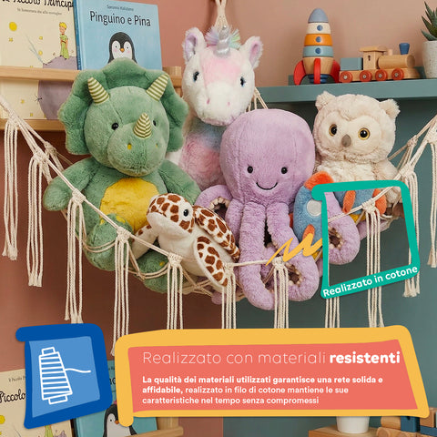 keiki amaca angolare da parete porta giocattoli in cotone rete per peluche salvaspazio 105x140x105 cm kit di montaggio con ganci e fischer inclusi ean 8056590110065