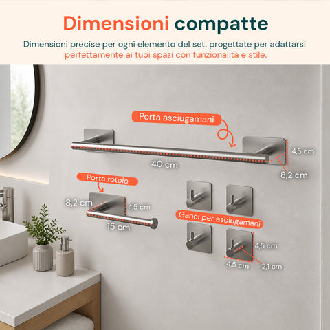 avilia home set 5 accessori bagno adesivi grigio in acciaio inox portata 25kg completo di porta rotolo e ganci per asciugamani ean 8052879012020