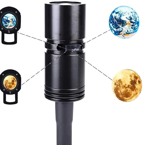 Schema funzionamento mini proiettore con lenti intercambiabili per terra e luna, corpo nero compatto e design tecnico professionale