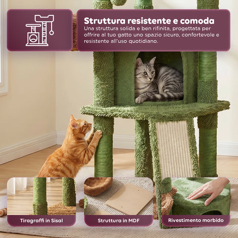 puppy lovers albero tiragraffi per gatti a forma di cactus 1065 cm torre tiragraffi in sisal naturale con casetta cuccia a cestino e pallina gioco design moderno verde e marrone ean 8054806950849