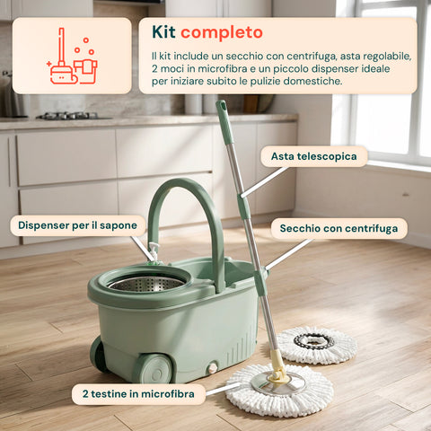 avilia home kit mocio rotante 360 con secchio 14l 46x27x22cm e centrifuga in acciaio include 2 testine in microfibra dosatore sapone e asta telescopica set lavapavimenti universale con ruote e scarico ean 8052879013140