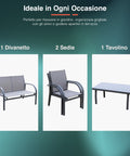 Composizione set da giardino 4 pezzi: 1 divanetto a due posti, 2 sedie e 1 tavolino con piano in vetro - Arredo esterno completo ideale per grigliate e aperitivi in terrazza