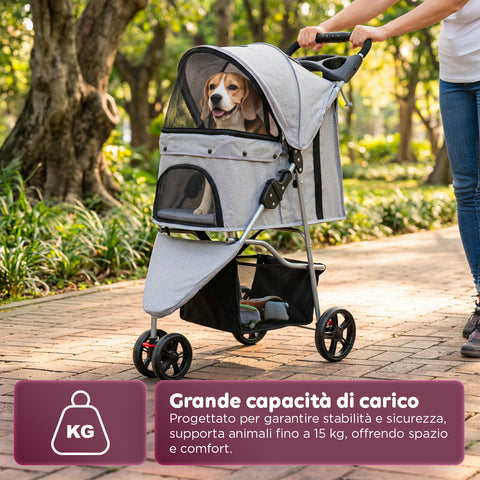 puppy lovers passeggino per cani e gatti pieghevole grigio cabina trasparente con visione a 360 carrello per animali domestici in acciaio e oxford con portabicchieri e cestello portata 15kg ean 8054806950276