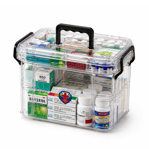 Transparante medicijnorganizer met 2 niveaus, handvat en kliksluiting – 8 vakken aan de bovenkant, 23,5x17x13,5 cm