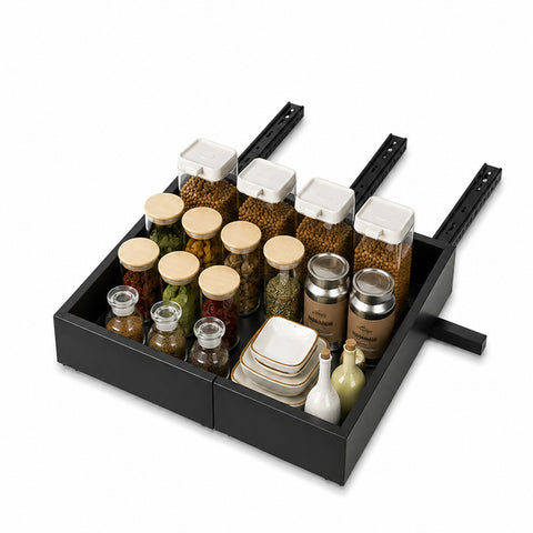 Uitschuifbare en uitbreidbare zwarte metalen plank, 32/52 cm – schuiforganizer voor kasten en voorraadkast