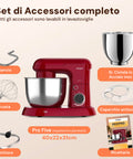 Avilia Impastatrice Planetaria 1500W Ciotola Inox 5L 10 Velocità con Ricettario, Accessori e Funzione Pulse Rossa Ean-8056819047578