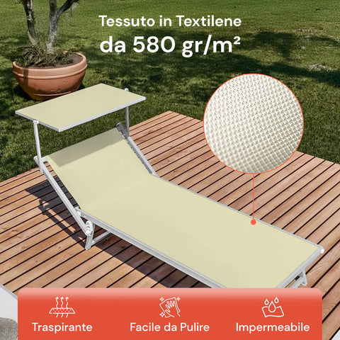 Lettino Da Mare Pieghevole Con Parasole In Alluminio 183x61x38cm Beige