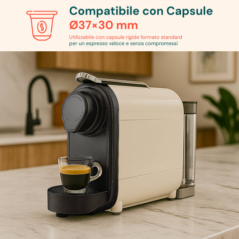 Macchina da caffè DCG compatibile con capsule Ø37×30 mm rigide formato standard per un espresso veloce e senza compromessi, cucina moderna