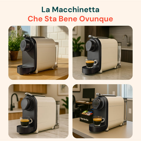 Macchina da caffè DCG la macchinetta che sta bene ovunque, mostrata in 4 ambienti diversi di cucina moderna, colore beige elegante