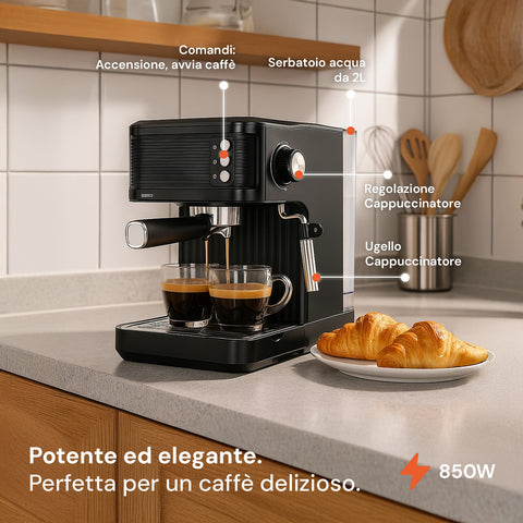 Potente ed elegante perfetta per un caffè delizioso, comandi accensione e serbatoio acqua da 2L, ugello cappuccinatore