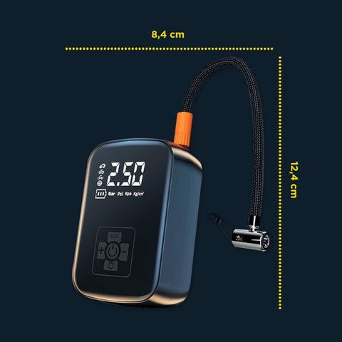 Dimensioni compatte del mini compressore elettrico 8,4x12,4 cm con display LCD digitale e tubo flessibile - gonfiatore portatile ultraleggero