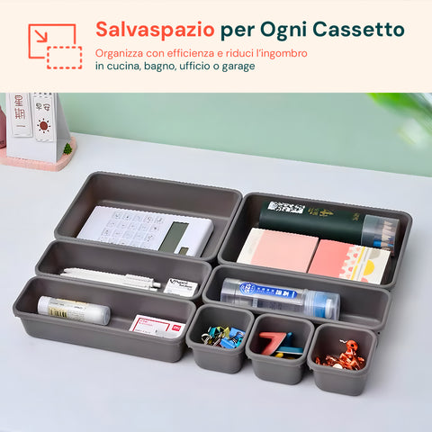 Organizer salvaspazio per ogni cassetto che organizza con efficienza e riduce l'ingombro in cucina, bagno, ufficio o garage