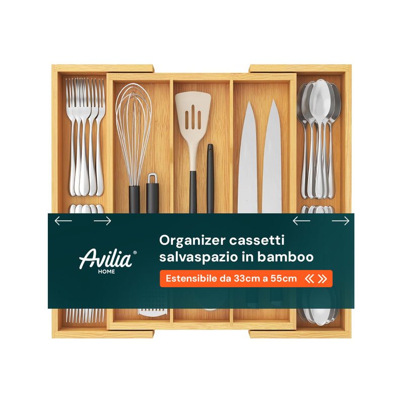 Avilia Organizer Portaposate in Bambù Estensibile 5 Scomparti Salvaspazio Multiuso Ean 8056819052657