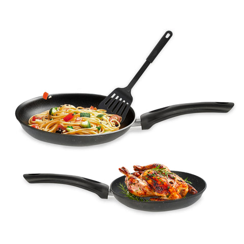 Set 2 padelle antiaderenti 20-24cm con spatola forata, effetto marmo nero, rivestimento NO STICK per cottura sana