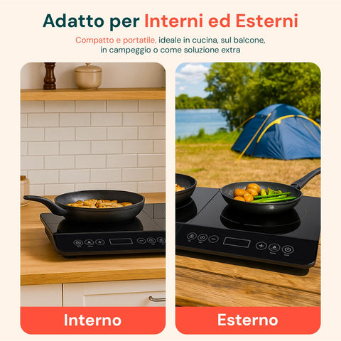Piastra doppia a induzione Wintem adatta per interni ed esterni, compatta e portatile: ideale in cucina, sul balcone, in campeggio o come soluzione extra