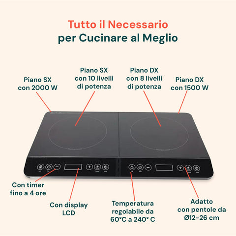 Piastra doppia a induzione Wintem tutto il necessario per cucinare al meglio: 2 piani cottura indipendenti, timer fino a 4 ore, display LCD