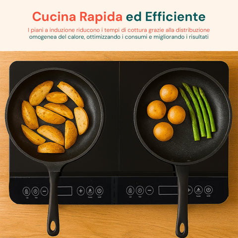 Piastra doppia a induzione Wintem per cucina rapida ed efficiente, distribuzione omogenea del calore, patate dorate e asparagi freschi in cottura