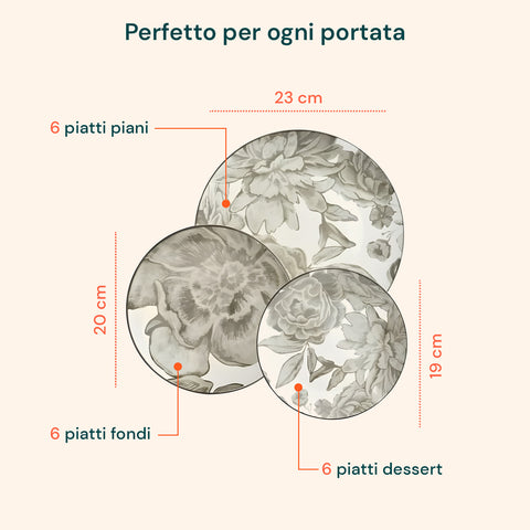Servizio Piatti 18 Pezzi Decoro Bouquet In Porcellana Per 6 Posti Tavola