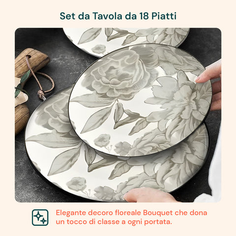 Servizio Piatti 18 Pezzi Decoro Bouquet In Porcellana Per 6 Posti Tavola