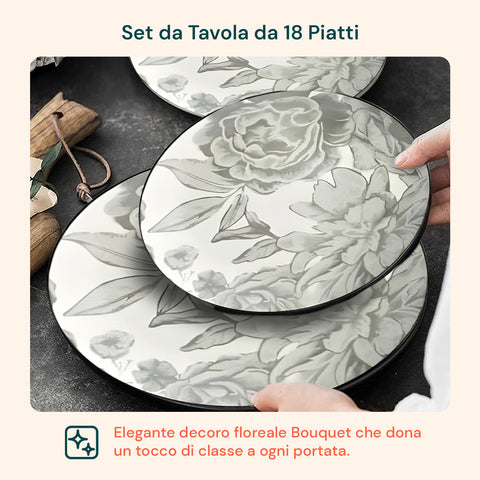 Servizio Piatti 18 Pezzi Decoro Bouquet In Porcellana Per 6 Posti Tavola