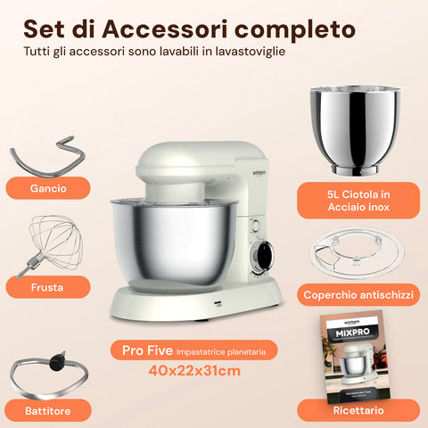 Planetaria Wintem Pro Five set accessori completi: gancio, frusta, battitore, ciotola 5L acciaio inox, coperchio, ricettario MixPro, dimensioni 40x22x31cm