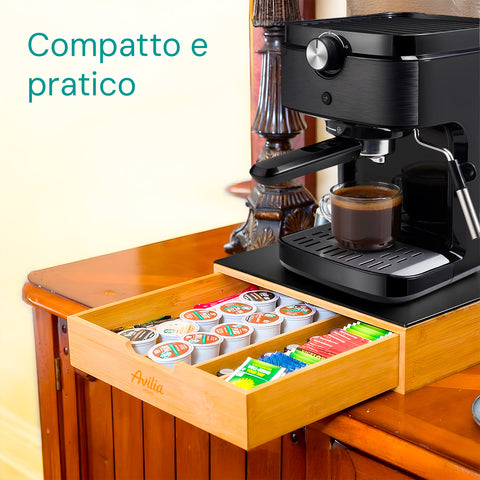 Cassetto Porta Capsule e Cialde in Bambù con ripiano in vetro, compatto con 4 scomparti. Ean 8056819042719