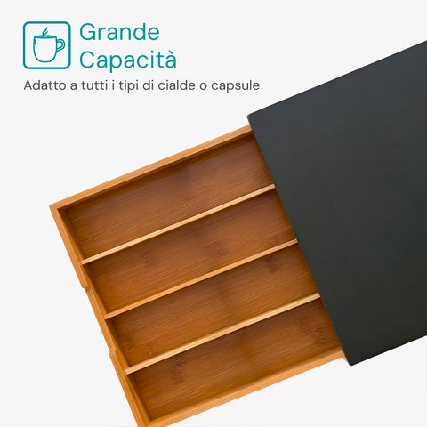 Cassetto Porta Capsule e Cialde in Bambù con ripiano in vetro, compatto con 4 scomparti. Ean 8056819042719