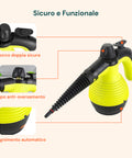 Pulitore a Vapore Portatile 100° 1050W Serbatoio 350ml con Riscaldamento Rapido e 7 Accessori Inclusi, Giallo  e Nero Ean 8059300010181
