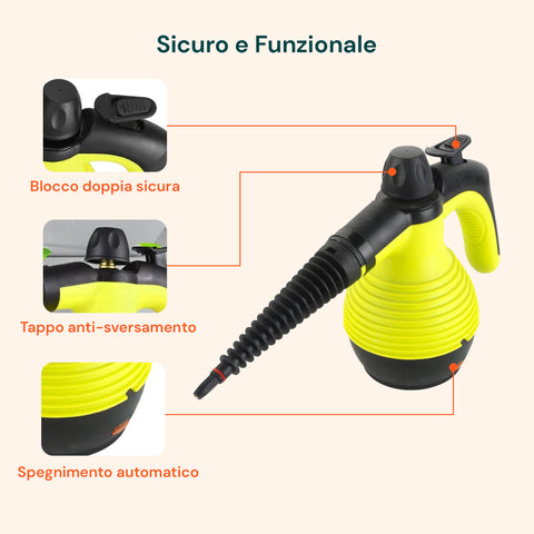 Pulitore a Vapore Portatile 100° 1050W Serbatoio 350ml con Riscaldamento Rapido e 7 Accessori Inclusi, Giallo  e Nero Ean 8059300010181