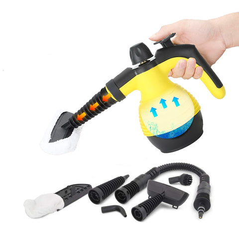 Pulitore a Vapore Portatile 100° 1050W Serbatoio 350ml con Riscaldamento Rapido e 7 Accessori Inclusi, Giallo  e Nero Ean 8059300010181