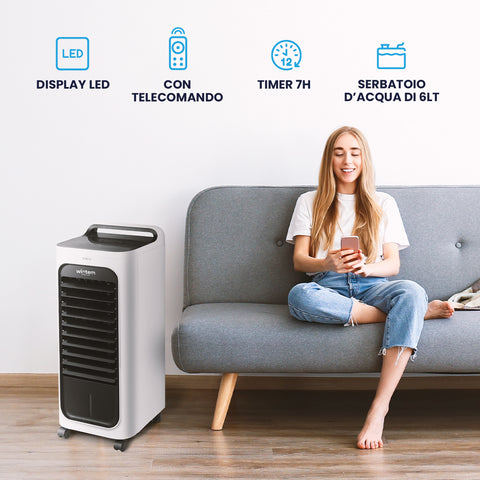 Wintem Rinfrescatore d'Aria Evaporativo Portatile 80W 3 Modalità, Serbatoio 6 Litri con Timer 7L, Telecomando e Display LED Ean-8052286430981