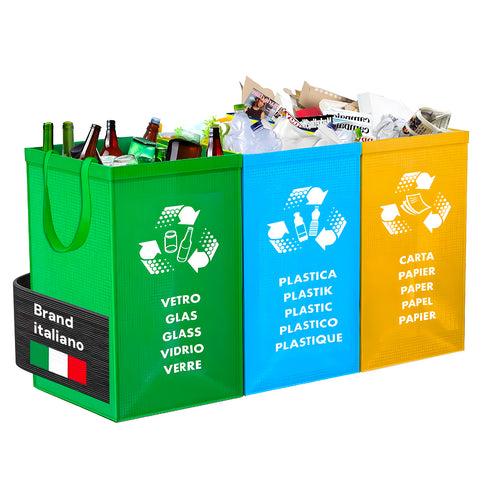 Set wasbare kunststof afvalscheidingszakken voor glas, papier en plastic