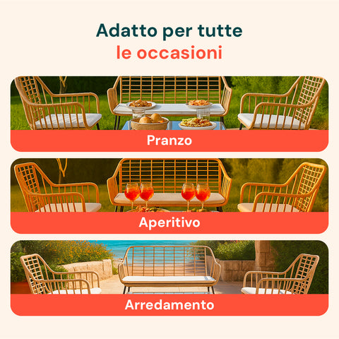 Set Cebu Salotto Con Tavolo In Vetro Divano E 2 Poltrone In Polyrattan