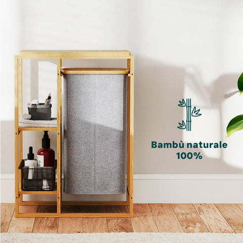 Avilia Scaffale Portabiancheria in Bambù con 2 Ripiani e Cestino in Stoffa Salvaspazio Multiuso Design Naturale Ean 8056819050110