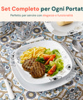 Servizio tavola Avilia set completo per ogni portata, perfetto per servire con eleganza e funzionalità, hamburger gourmet su tovaglia decorata