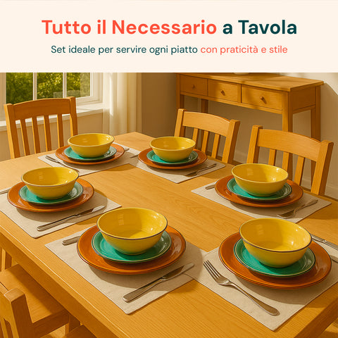 Set piatti stoneware 18 pezzi apparecchiato per 6 persone in sala da pranzo, tavola elegante con piatti colorati e posate