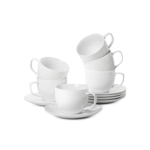 Set 6 Tazzine Caffè In Porcellana 80cc Con Piattino - Decoro Floreale In Rilievo