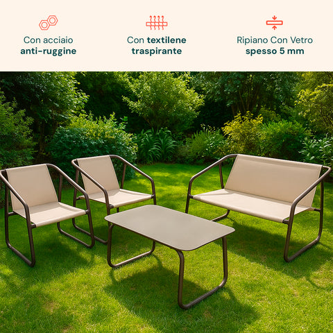 Set Nizza Salotto Con Tavolo In Vetro Divano E 2 Poltrone In Textilene Beige