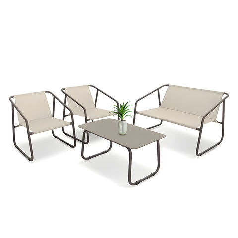 Nizza-loungeset met glazen tafel, bank en 2 fauteuils van beige textilene
