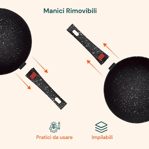 Set padelle Bavaria con sistema manici removibili - design pratico da usare e impilabile per ottimizzare lo spazio in cucina