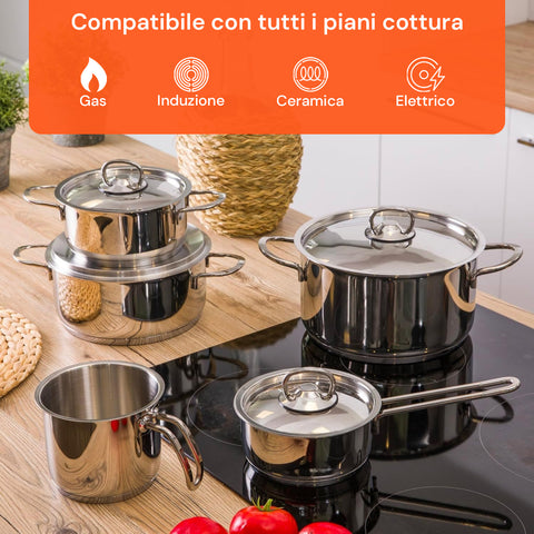 Pentole acciaio inox compatibili tutti piani cottura gas induzione ceramica elettrico cucina moderna
