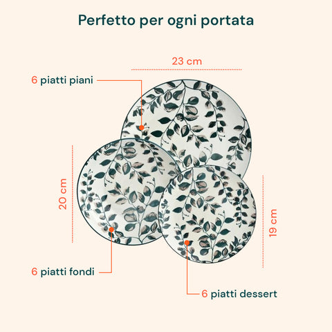 Servizio Piatti 18 Pezzi In Porcellana Decoro Botanic Per 6 Posti Tavola