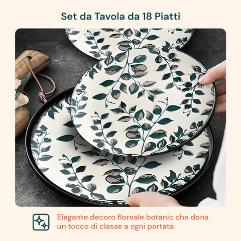 Servizio Piatti 18 Pezzi In Porcellana Decoro Botanic Per 6 Posti Tavola