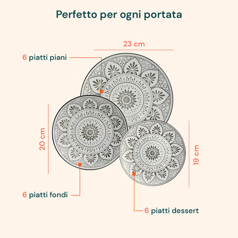 Servizio Piatti 18 Pezzi In Porcellana Decorazione Mandala Per 6 Posti Tavola