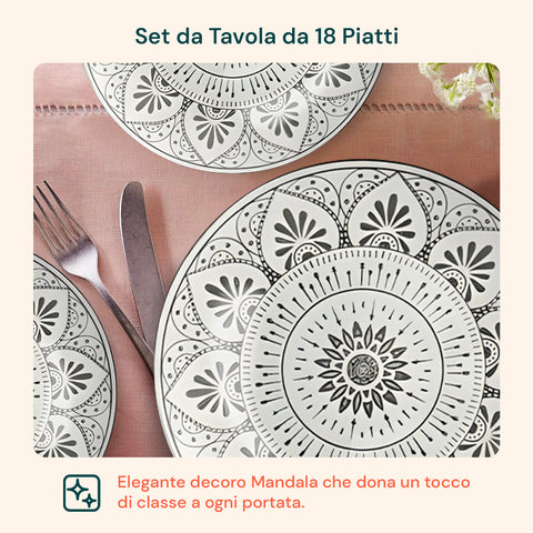 Servizio Piatti 18 Pezzi In Porcellana Decorazione Mandala Per 6 Posti Tavola
