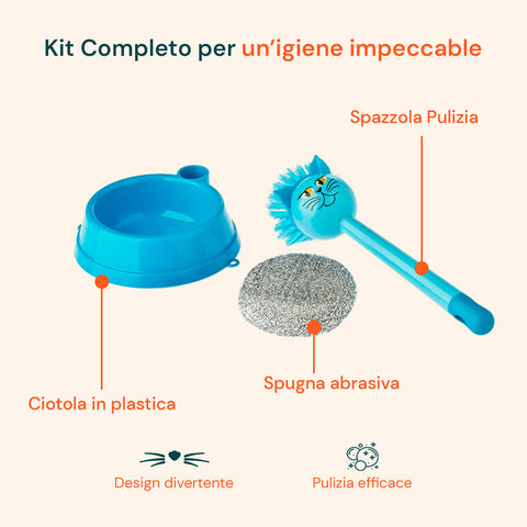 Set Pulizia Ciotole per Animali con Spazzola Gatto e Spugna Abrasiva