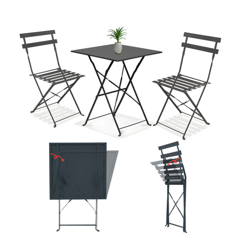 Koby-loungeset met tafel en 2 inklapbare antracietkleurige metalen stoelen