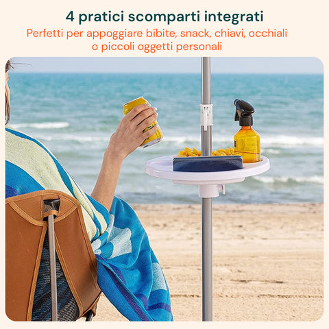 Tavolino per ombrellone in uso in spiaggia con 4 pratici scomparti integrati per appoggiare bibite, snack e oggetti personali