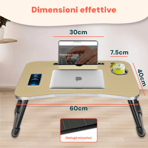 Avilia Tavolino Pieghevole Salvaspazio con Porta Bicchiere e Leggio per Tablet in Legno 60x40cm Ean 8056819050684